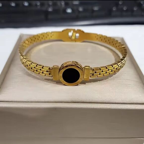 Stainless steel Gold Plated Roman Numeral Love Bangle. - Picture 2 of 6